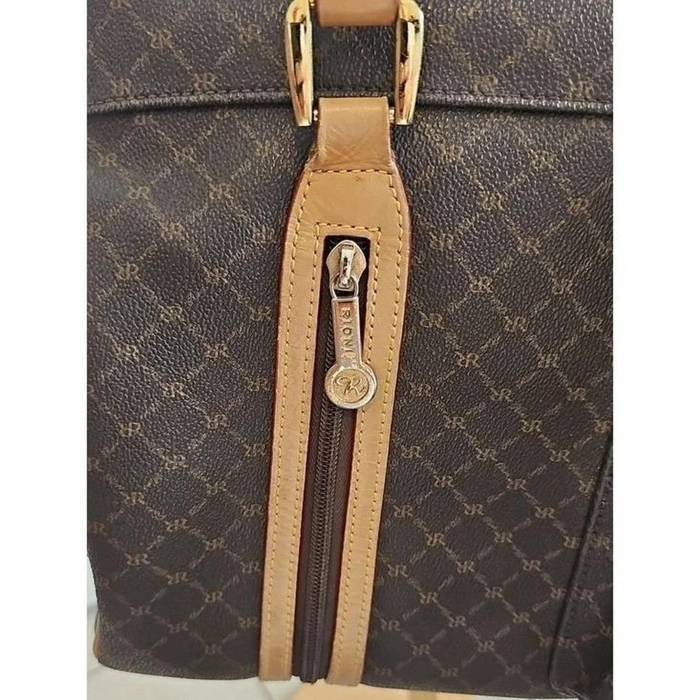 Rioni Signature Monogram Tote Womens Sz M Brown Leather Trim Shoulder Bag J9836Y